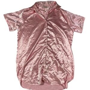 Vintage Pink Satin Short Sleeve Button Down Nightgown Girly‎ Coquette L